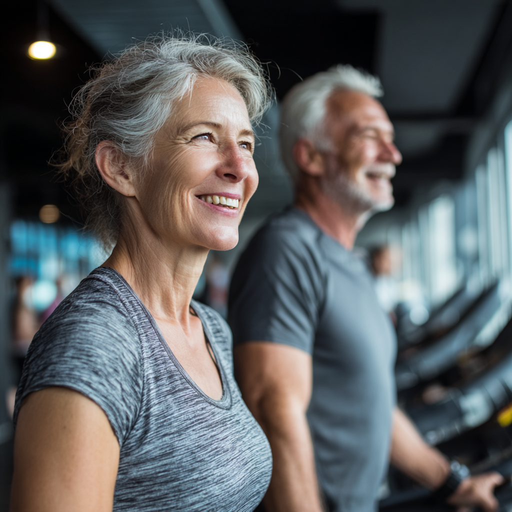 mature adults exercising together in modern fitness environment